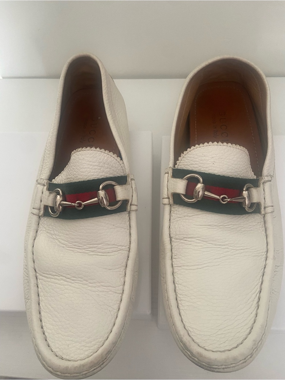 Authentic Gucci White Leather Men's Horsebit Loafers
